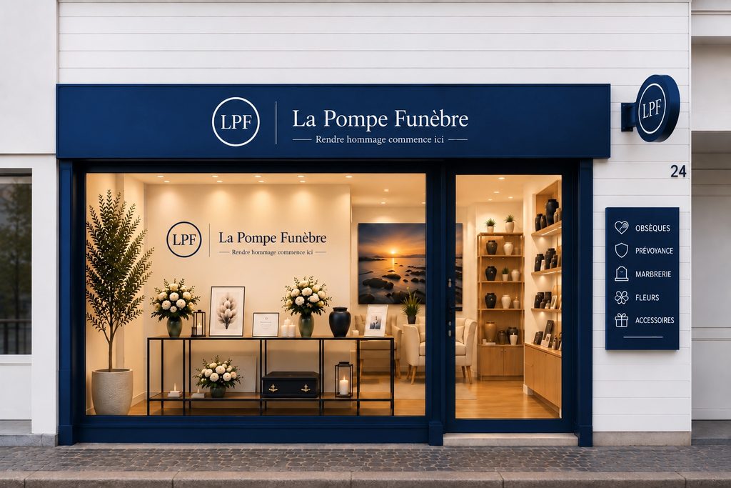 Façade d'une agence La Pompe Funèbre : enseigne LPF, vitrine éclairée et services obsèques, prévoyance, marbrerie, fleurs