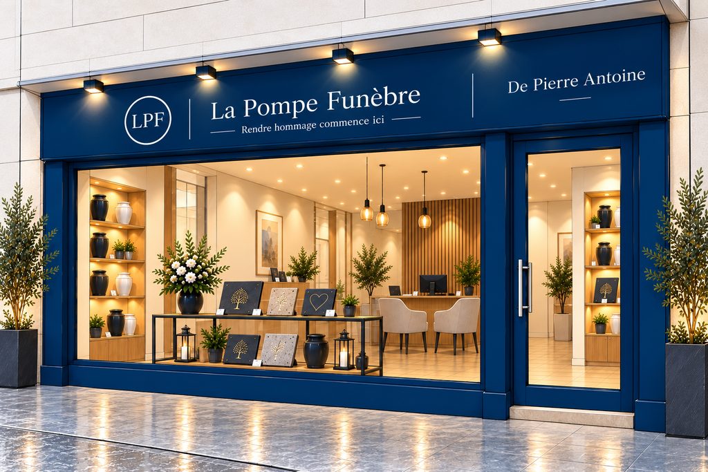 Esquisse d'une façade d'agence La Pompe Funèbre, devanture bleu marine et vitrine d'urnes