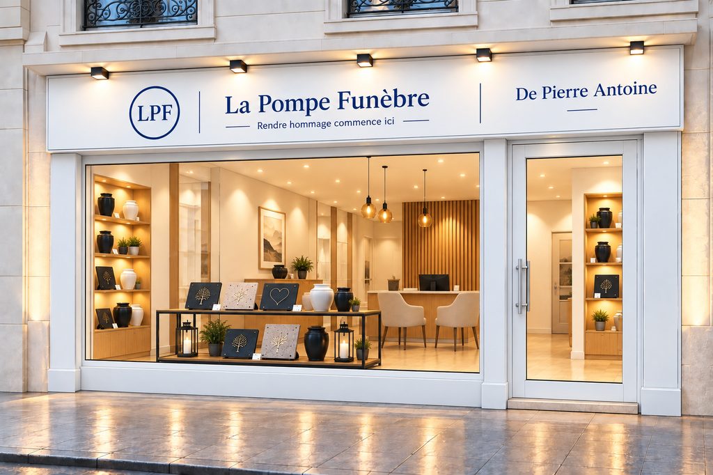 Façade blanche d'une agence La Pompe Funèbre : enseigne LPF, vitrine d'urnes et de plaques, espace d'accueil chaleureux